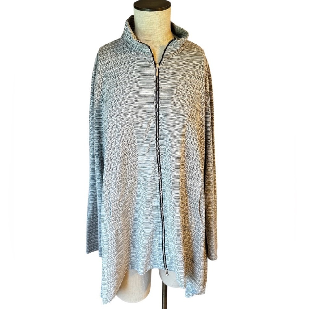 Kozan Women’s Double Zip Gray Pinstripe Flowy Longline Knit Jane Jacket Size L